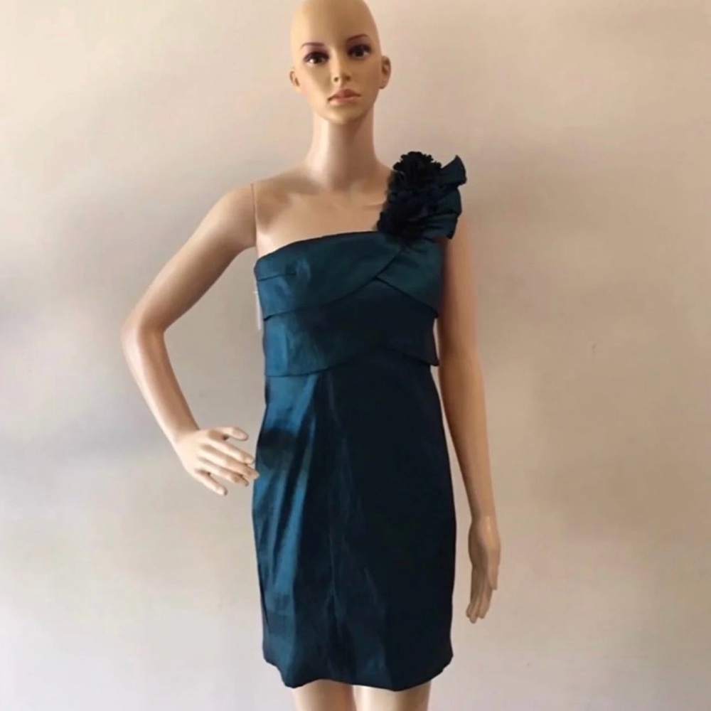 Elegant Teal Forest Green One Shoulder Floral Sleeveless Sheath Short Dress